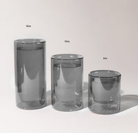 A 16 oz Double wall Glass, A 6 oz Double wall glass and a Clear Glass French Press on a white background. 