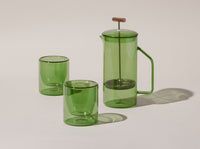 The Yield Verde 6 oz Double Wall Glass and French Press Bundle on a cream background