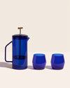 The Yield Glass French Press & 6oz Century Glass Set in Cobalt.